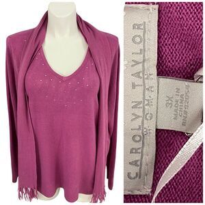 Carolyn Taylor Sweater Womens 3X Pink Rhinestone Scarf V Neck Knit Cozy Office